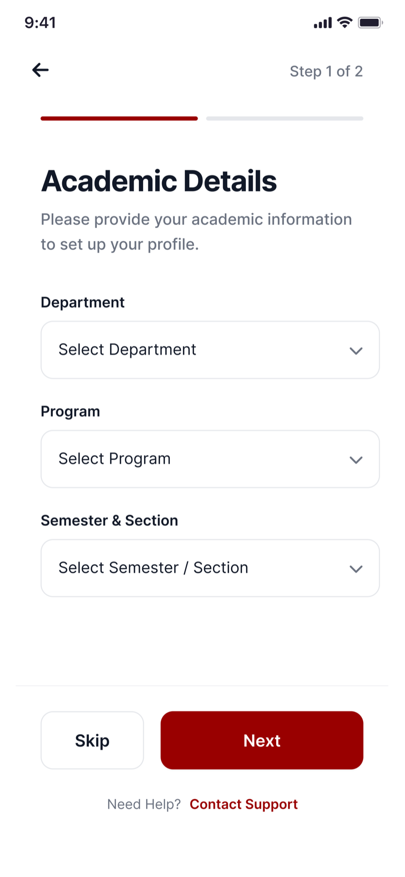 Academic details — department, program, semester