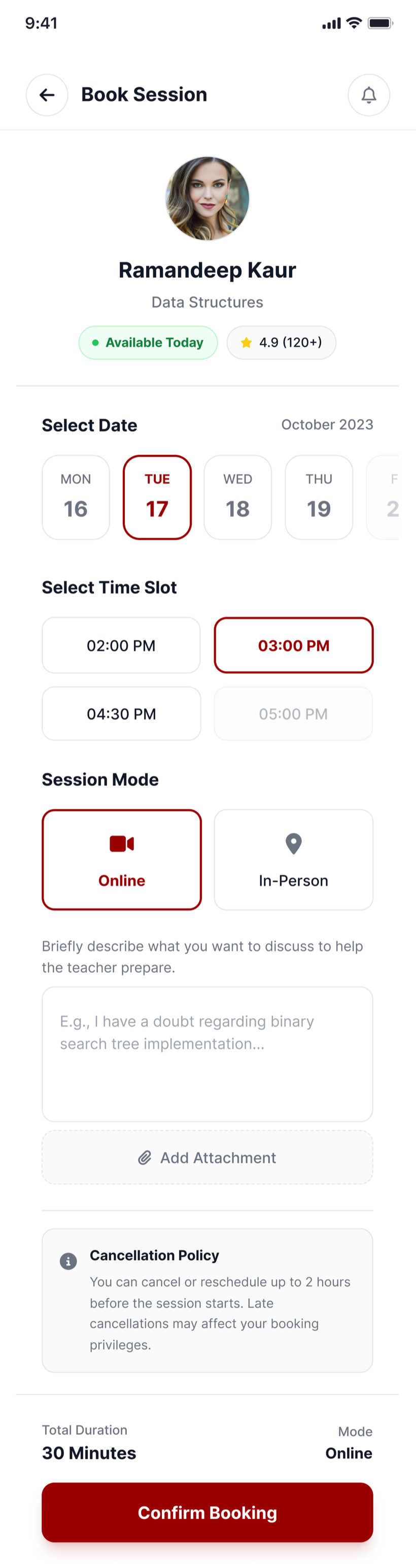 Book a session — date, time, online or in-person, and context for the teacher