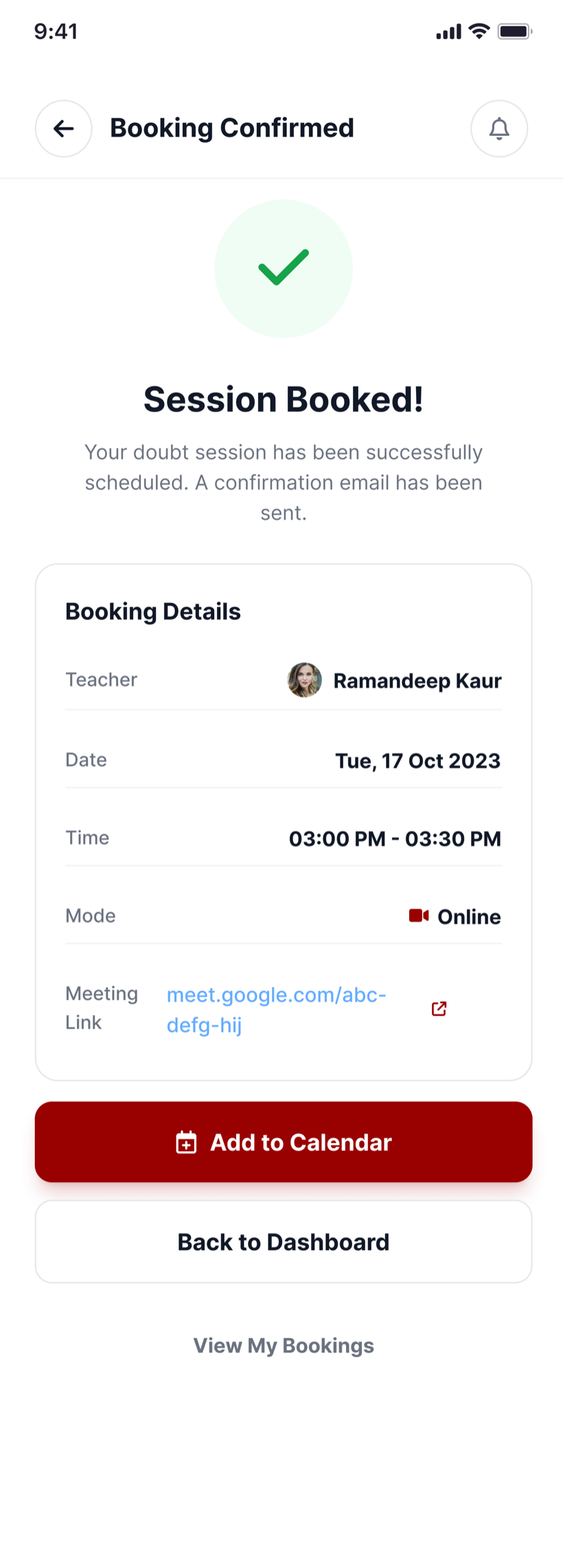 Confirmation — meeting link and add-to-calendar, no chasing required