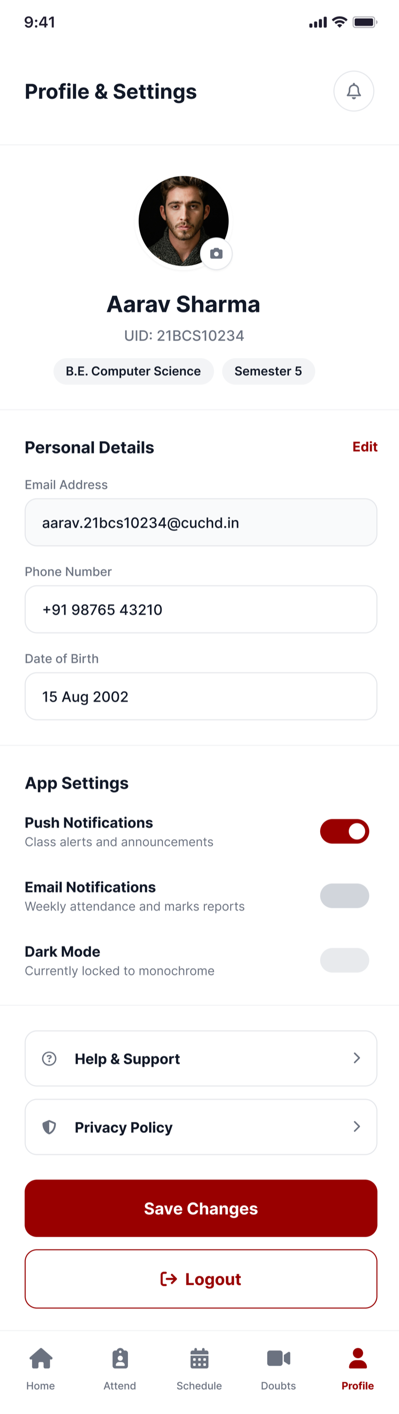 Profile & settings — identity, notification controls and account, in the same calm system