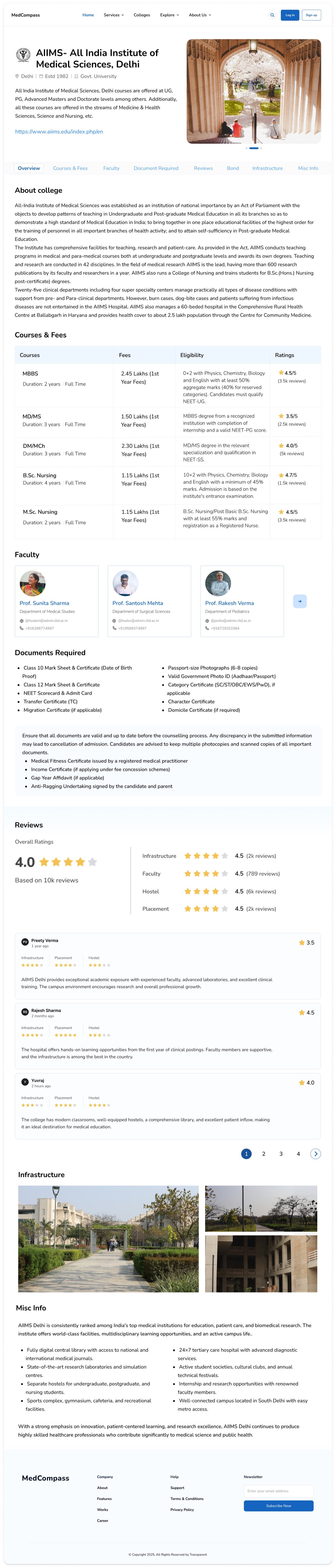 College profile (AIIMS Delhi) — courses & fees, eligibility, faculty, documents, verified reviews and infrastructure in the order families evaluate