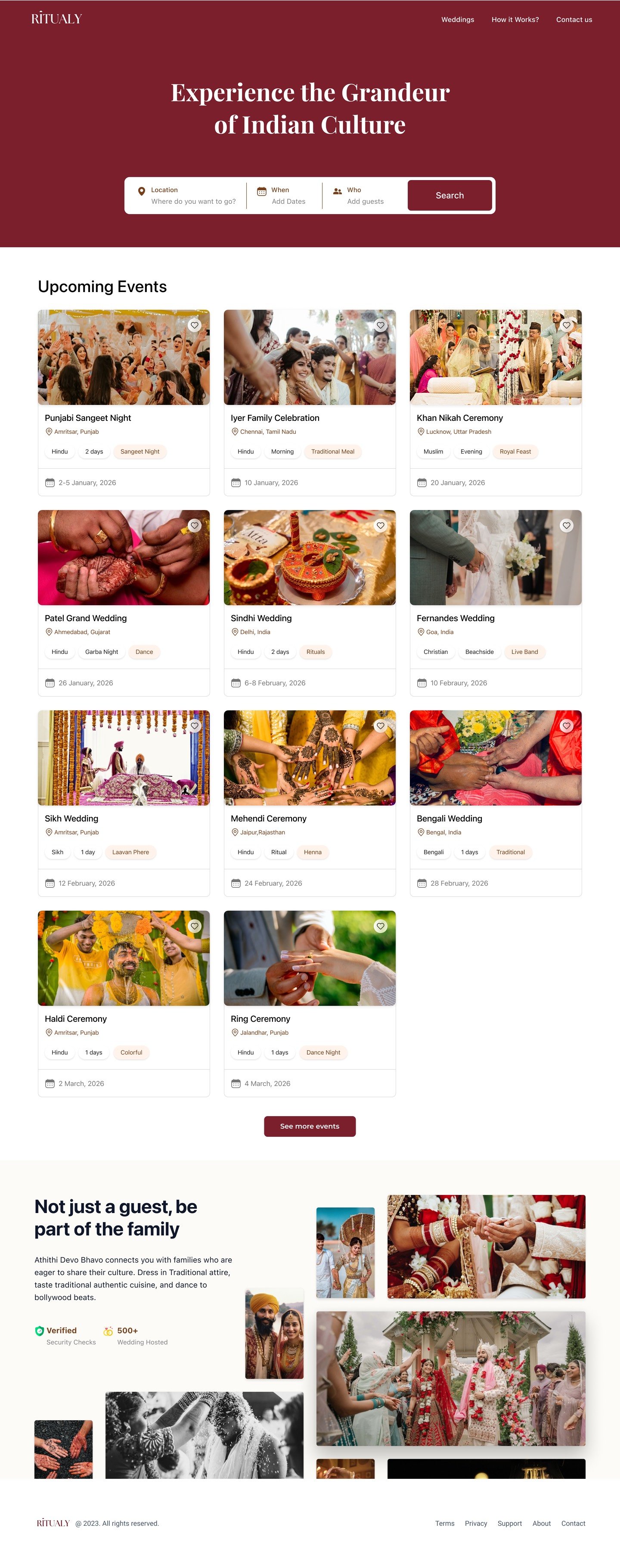 Discovery — search by place, date and ritual; upcoming celebrations as story-first cards, each with trust signals and the 'part of the family' promise
